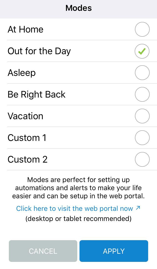Modes To change Modes: 1. Tap the hamburger menu in the upper left corner of the screen to display the main menu. 2. Select Modes. The Modes screen appears.