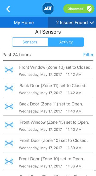 Select Time to change the time period for your list of Sensors activity to something other than the default of the past 24