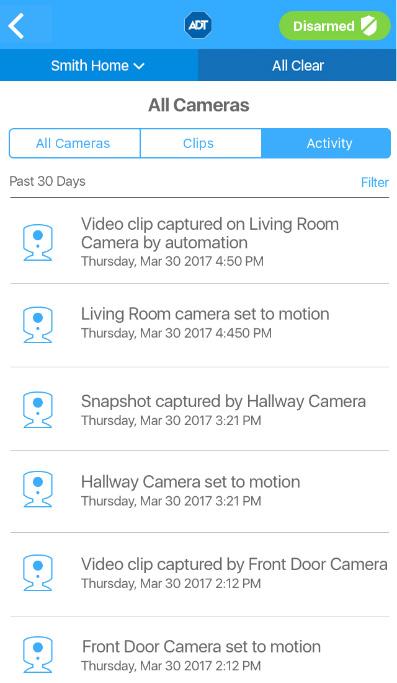 This displays a time-stamped log of all camera activity that has