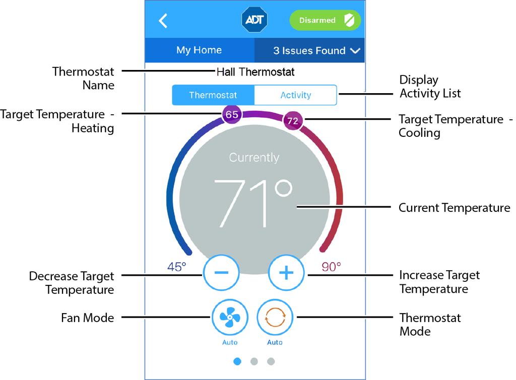 Thermostats Changing Settings If the Auto mode is selected, both the heating and cooling settings are displayed.