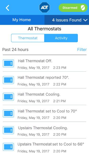 Thermostats Activity To view a list of all thermostat activity, tap Activity at the top of the thermostat screen.