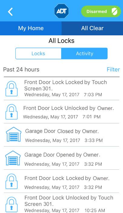 Locks & Garages Activity To view a list of all lock and garage door activity, tap Activity at the top of the All Locks screen.