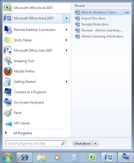 Items can be pinned to a jump list by clicking on the pin icon. They can be removed through the right-click menu. By default, the jump list shows the 10 most recently opened files.