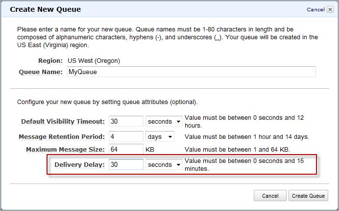 Creating Delay Queues with the AWS Management Console 5. Click Create Queue.