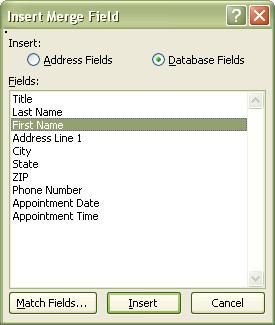 An Insert Merge Field box will open with all of your database choices for inserting merge fields manually.