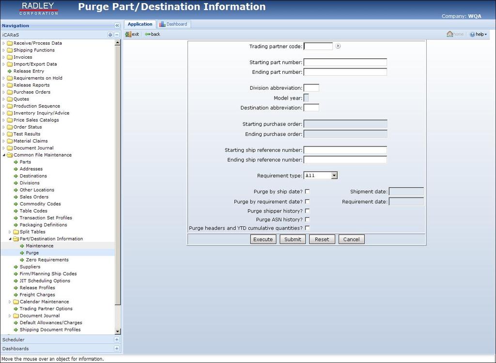 2. Purge the part/destination records that have been inactive using the user-defined options (this only purges the detail information of the status inquiry report).