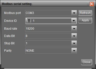 NOTE 1: Click Refresh button to refresh the port list. NOTE 2: This software supports multiple com. ports in multiple Modbus networks.