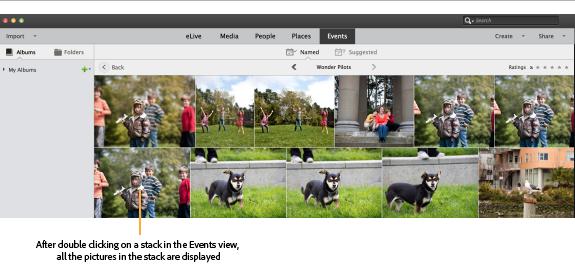 Elements Organizer creates an event stack with the photos you selected in the previous section. To scroll through the pictures in a stack, move the cursor over that stack.