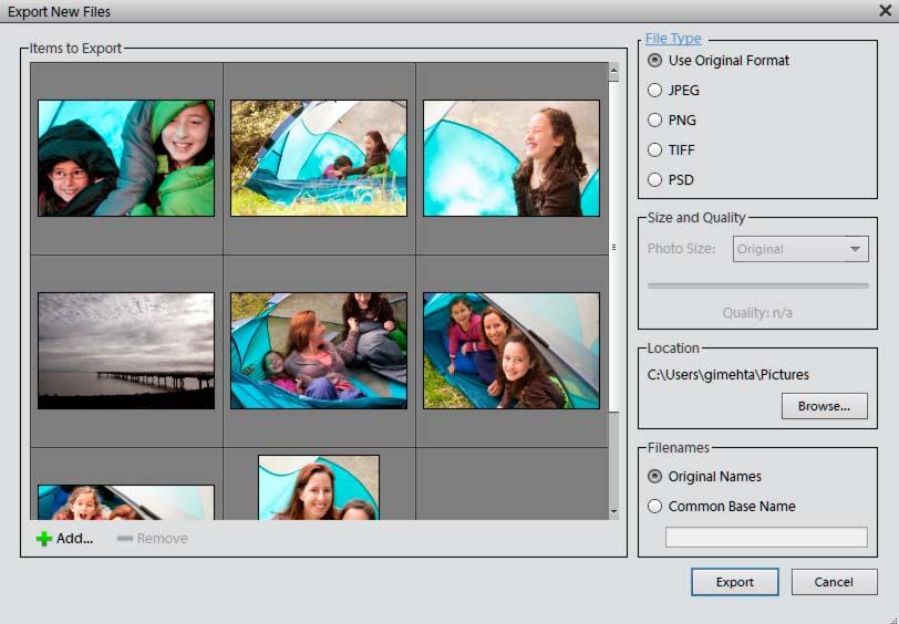 143 Chapter 11: Exporting Export photos to a folder 1 Select items you want to export. 2 Select File > Export As New File(s).