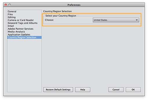 Workspace and workflow 22 Selecting the country or region When you install Adobe Photoshop Elements or Adobe Premiere Elements, you specify your country or region.
