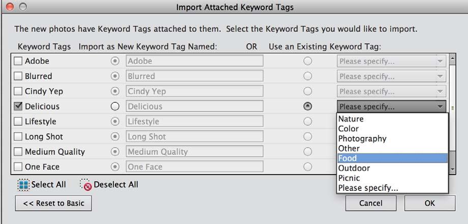 Importing 32 Note: The keywords in the dropdown menu show all existing keywords that you have created, plus the following keywords that are included by default in Elements Organizer: Nature Color
