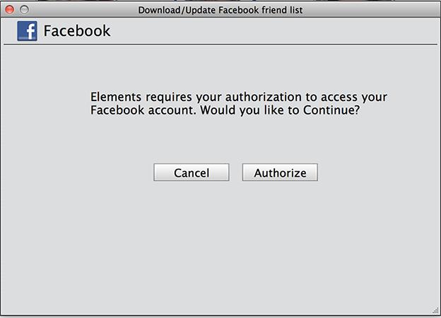 3 Elements Organizer prompts you to authorize access to your Facebook account. Click Authorize.