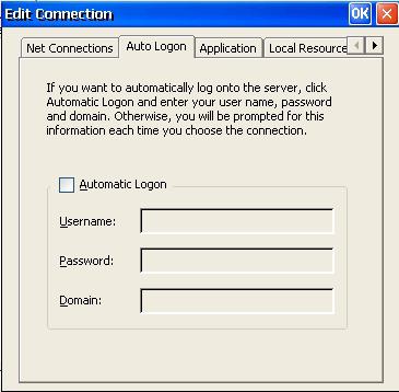 RDP Connection Configuration - Auto Logon Tab Enter Logon information for user To be