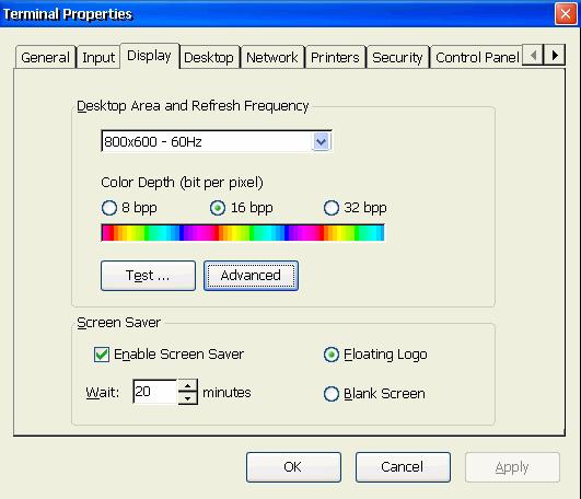Terminal Properties Display Tab The Display configuration page allows the user to control the parameters of the video display.