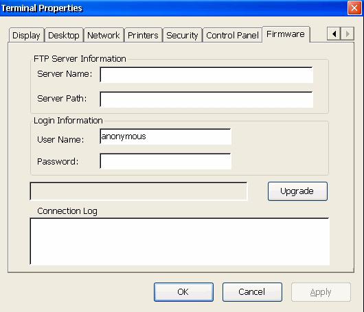 Terminal Properties - Firmware Tab The Firmware configuration allows the user to upgrade the Thin Client firmware from a Windows machine on the LAN running the remote terminal manager.