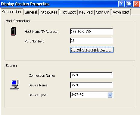 Display Session Properties - Connection Tab Connection tab allows for changes to the host name/ip address and the port number.