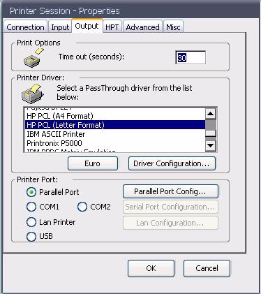Printer Session - Properties - Output Tab The printer driver seen here will be the printer driver selected when the printer session wizard was run.