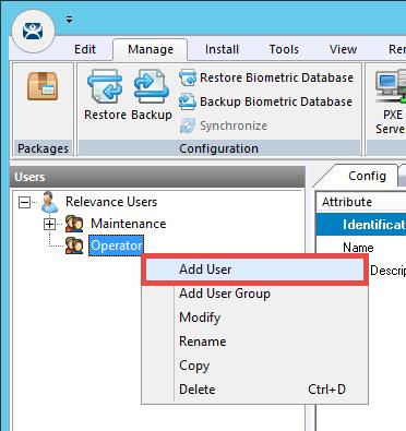 Create an Operator User 1. Expand the Relevance Users node. 2. Right click the newly created Operator User Group and select Add User.
