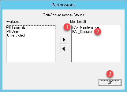 9. Remove Unrestricted from the Member Of list, and add both PAx_Operator and PAx_Maintenance from the Available list to the Member Of list.