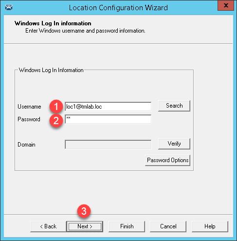 14. From the Windows Log In information page of the wizard, enter loc1@tmlab.loc for the Username, rw for the Password field.