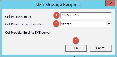 13. From the E-mail or Windows Message Recipients page of the ThinManager Server Configuration Wizard, click the Add button from the SMS (Text Message) frame. 14.