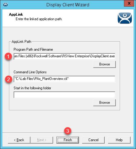 8. From the AppLink page of the wizard, enter the following path for the Program Path and Filename field and Command Line Options field (you can also copy and paste these paths from the LabPaths.