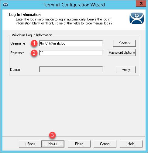 11. On the Log In Information page of the wizard, enter thin01@tmlab.loc as the Username and rw as the Password.