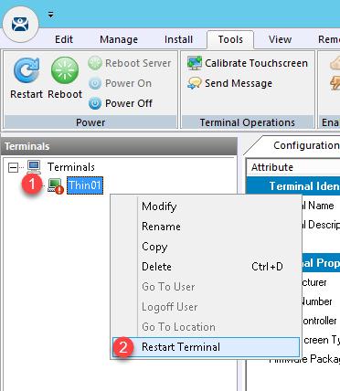 16. Right click the Thin01 terminal from the Terminals tree and select Restart Terminal to apply the changes. Click Yes to restart the terminal.