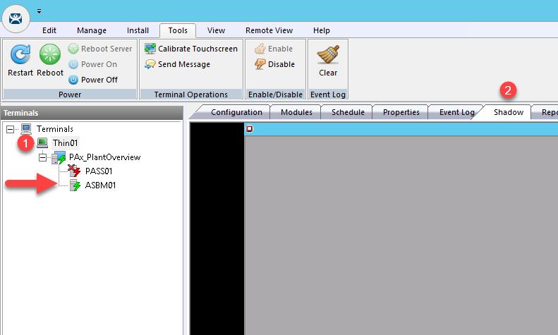 10. If you quickly shadow Thin01 you will see the new FactoryTalk View SE session launching on ASBM01.