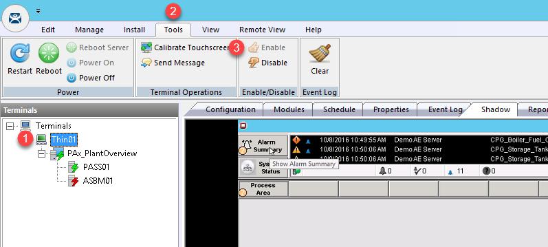 11. To re-enable PASS01, select PASS01 from the Terminals tree and then click the Enable button in the Tools ribbon.