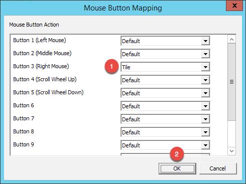 15. From the Mouse Button Mapping dialog box, select Tile from the Button 3 (Right Mouse) drop down list. Click the OK button followed by the Next button.