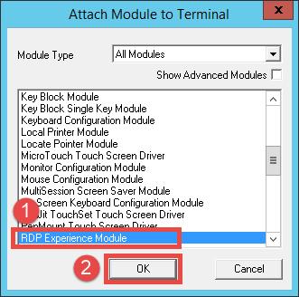 19. From the Attach Module to Terminal dialog box, scroll down and select the RDP Experience Module and click the OK button.