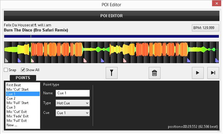 POI Editor The POI Editor offers all the Points Of Interest that a track may carry, such as HotCues, Saved Loops, Automix points, Beatgrid anchors, even special points with assigned VirtualDJ script