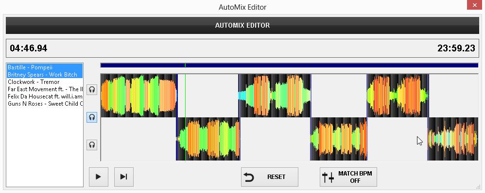 Automix Editor The Automix Editor will offer the ability to edit the automatic process of the Automix feature, and bypass the selected Automix Type for any pairs of your tracks.