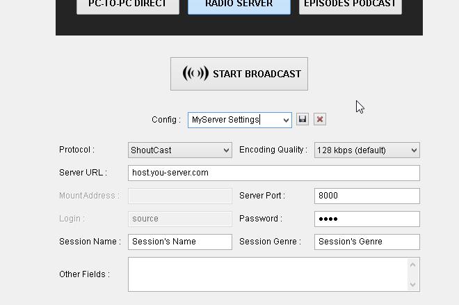 Broadcasting settings using a Radio Server To upload your broadcast to virtualdj.com server and save your mixes. Just enter your Episode Name and start broadcast.