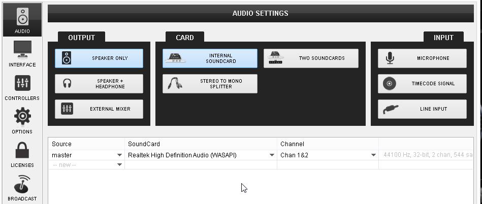 Click APPLY Speakers output only - Audio setup Audio Setup with Speakers (Master) & Headphones (prelisten) The default Audio Setup with Master Output only, will get you started initially.