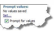6. Prompt values allow you to pre-select the values for prompts so that they match your needs every time the report is run. a) Click the Set link to set default prompt values. Select prompts.