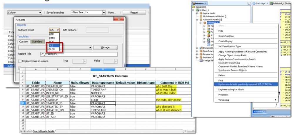 Collaborative Design Via Excel A newer feature in the Data Modeler now allows for certain design elements to be shared with non- Data Modeler users via an Excel spreadsheet.