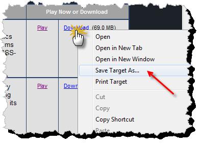 5. Right-click the download link for the WBT lesson you are interested in. Select Save Target As..., then save the file to your desktop.