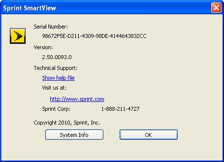 About Sprint SmartView Select About Sprint SmartView from the Help menu to open a window displaying version information for the Sprint SmartView software and the phone number for Sprint Customer