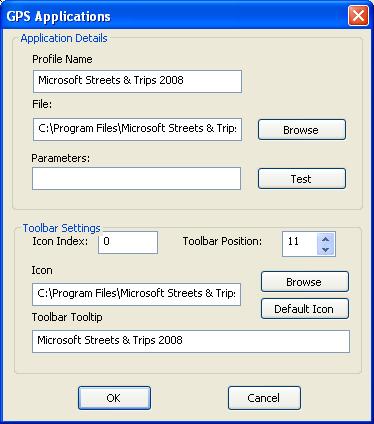 9. Click Add. Using GPS 10. In the Profile Name field, type Microsoft Streets & Trips 2008. 11. Enter the location of the Streets & Trips program file (streets.exe) in the File field.