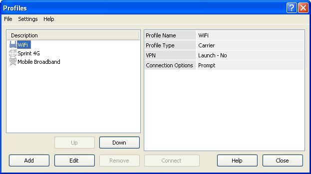 A WiMAX network. (An appropriate profile is created for you when you install the Sprint SmartView software.) The Profiles Window Network profiles can be added and configured in the Profiles window.