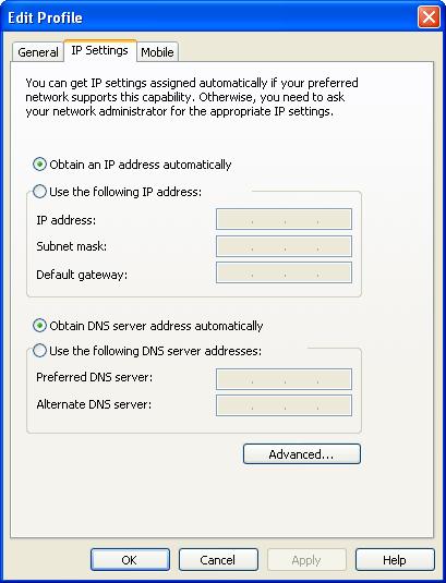 The default selection, Obtain IP address automatically, instructs Sprint SmartView to ask the network to assign it an appropriate address each time it connects.