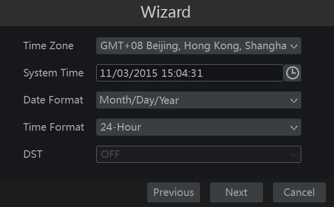 Wizard & Main Interface 2 Date and Time Configuration. Refer to the following figure. Set the time zone, system time, date format and time format.