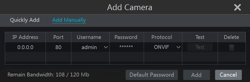 Camera Management Add Manually Input the IP address, port, username and password of the camera and then select the protocol.