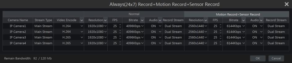 Record & Disk Management FPS, bitrate and audio of each camera and then click OK to save the settings. Video Encode: the available options will be H.265 and H.