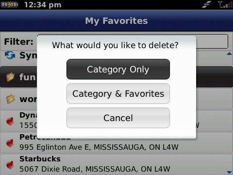 All favorites will be moved out of it and appear on the Favorites screen. Category & Favorites Delete the category and all favorites in it. This deletes the favorites in this category only.