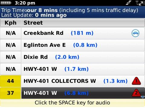 Traffic Summary Displays overall delay from traffic, a summary of incidents on the route, and the average speed for each segment where available. Choose any line to view more details.