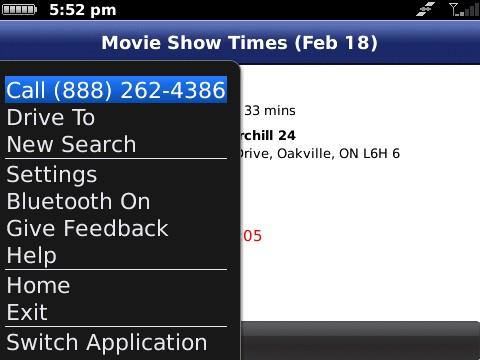 TIP: In the movie details screen, press Menu for additional options to Call or Drive To the theater.