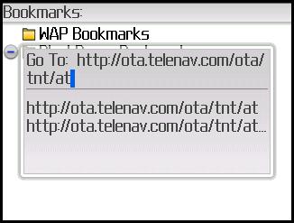 TeleNav Track v3.2 User s Guide for BlackBerry 8800 3 On the Browser page, enter the following URL: http://ota.telenav.com/ota/tnt/at 4 Click the trackball to confirm.
